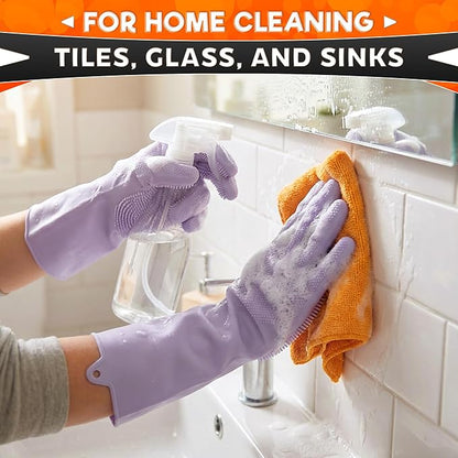 ALPENKOK Silicone Dishwashing Gloves with Scrubber – Non-Slip Silicone Gloves wor Washing Dishes | Household Use