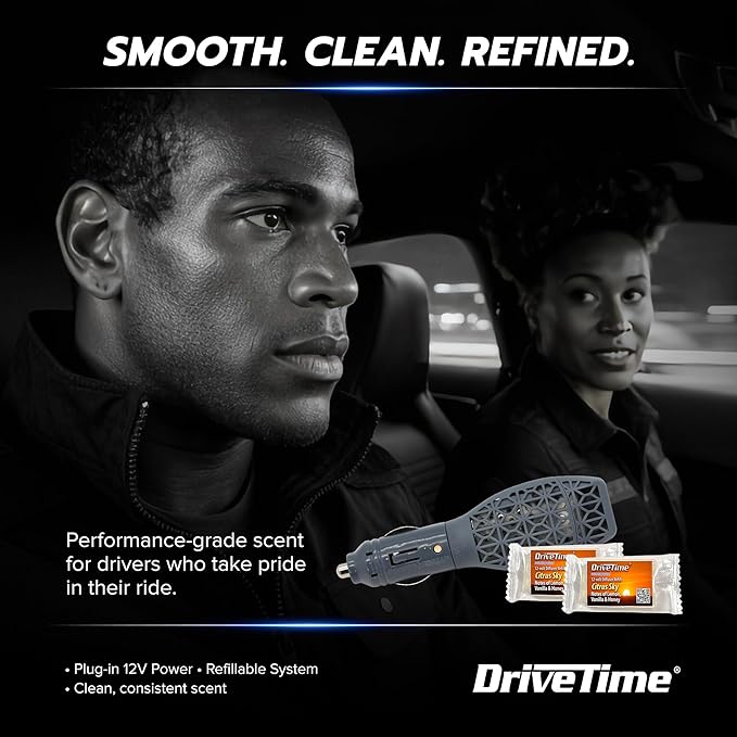 Drive Time Power Fresh Refillable Car Air Freshener – 12V Plug-In Reusable Car Scents Air Enhancer with Long-Lasting Scent Up to 30 Days – Includes 4 Scent Bars – Compact Design - Silver