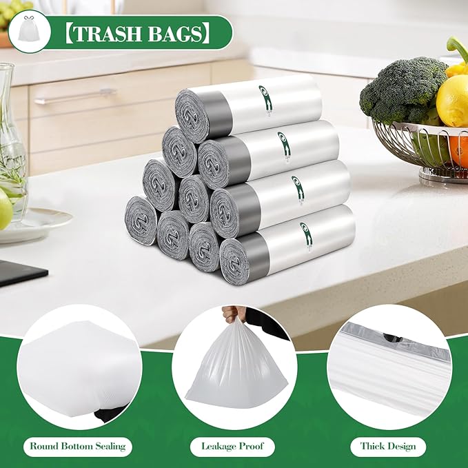 300 Counts 4 Gallon Trash Bag Drawstring Small Trash Bags, Thick Pre-separated Garbage Bags, Trash Bin Liners, Suitable for bathroom, kitchen, bedroom, office (White)