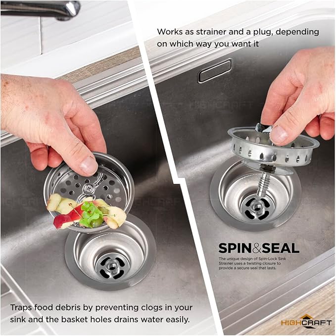 Highcraft 9763 Kitchen Sink (3-1/2 Inch) Stainless Steel Drain Assembly With Strainer Basket Spin and Seal With Threaded Stopper