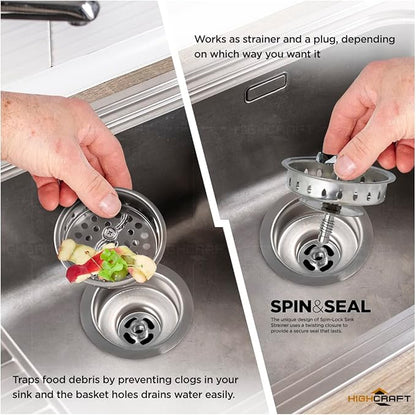 Highcraft 9763 Kitchen Sink (3-1/2 Inch) Stainless Steel Drain Assembly With Strainer Basket Spin and Seal With Threaded Stopper