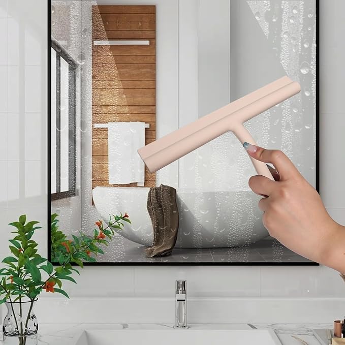 Shower Squeegee for Glass Doors, Full Silicone Jacketed Squeegee with Ergonomic Handle & No-Drill Hook, Cleaning Tool for Windows, Mirrors, Tiles, Bathroom & Car - Beige