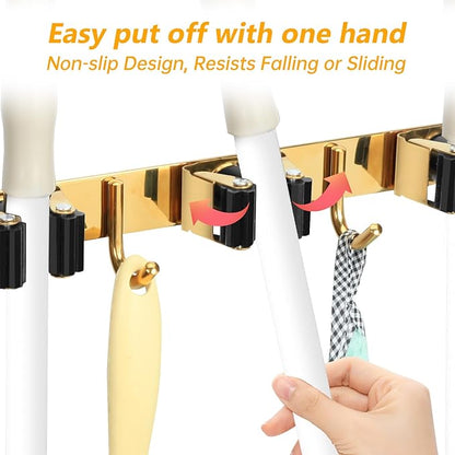 3 Racks and 4 Heavy Duty Hooks Mop and Broom Holder Wall Mount, Non-slip Organizer Storage Utility Tool Racks for Garage,Kitchen,Laundry Room,Garden. Gold