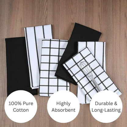 Assorted Waffle Kitchen Towels 100% Cotton Set of 6 - Heavy Duty 320 GSM Quality Dish Cloths - Soft Absorbent Washable for Kitchen Use - Quick Drying Dish Towel 16x26 inch Black