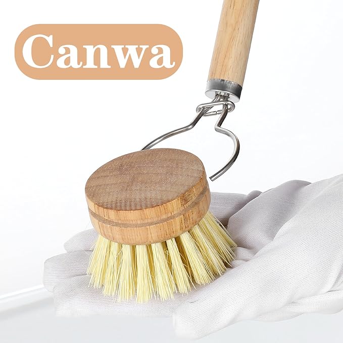 Bamboo Dish Brush with Handle, 10 Pcs Replacement Heads Wooden Kitchen Brush for Dishes, Vegetable Brushes Dish Scrubber for Cleaning Kitchen Room Vegetable Pots and Pans
