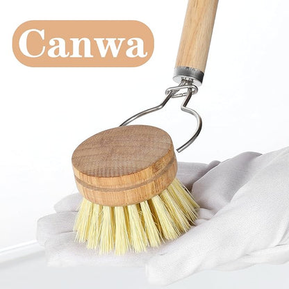 Bamboo Dish Brush with Handle, 10 Pcs Replacement Heads Wooden Kitchen Brush for Dishes, Vegetable Brushes Dish Scrubber for Cleaning Kitchen Room Vegetable Pots and Pans