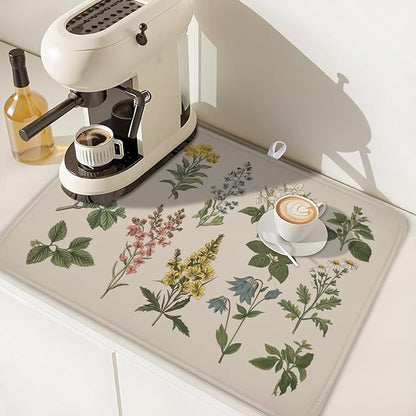 Vintage Plants Herbs Floral Dish Drying Mat for Kitchen Counter Retro Leaf Drying Mat 18x24 Inch Rustic Farmhouse Absorbent Dish Drainer Mat Kitchen Accessories