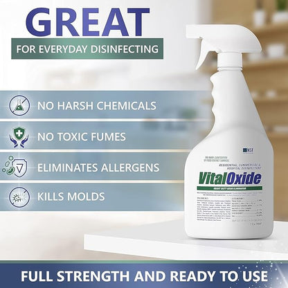Vital Oxide Disinfectant, Deodorizer, Cleaner, Food-Contact Sanitizer, Virucide – (EPA registration #82972-1) – Kills Mold & Mildew, Eliminates Odors – 1 Gallon, 32 oz, & 3 oz