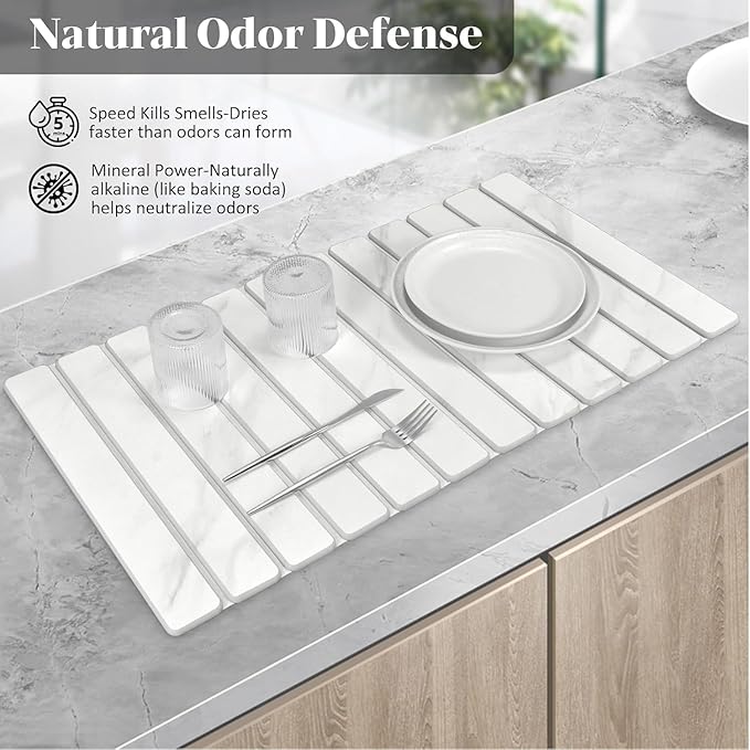 Large Stone Dish Drying Mats for Kitchen Counter, 28"(L)×16"(W) Marble-Pattern, Fast Drying Collapsible Dish Drying Mat, Eco-Friendly Absorbent Diatomaceous Earth Mats for Match Countertop