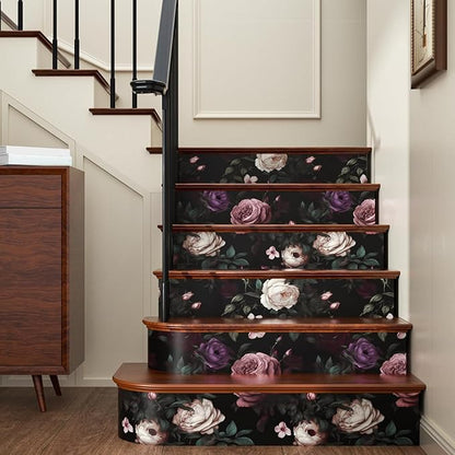 Fvlow Dark Flower Wallpaper Peel and Stick Vintage Pink Rose Contact Paper 17.4" x 393" Black Floral Waterproof Self-Adhesive Wall Covering for Bedroom Countertop Desk Cabinet