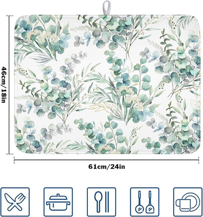 Spring Sage Green Leaves Dish Drying Mat for Kitchen Counter Watercolor Eucalyptus Leaf Drying Mat 18x24 Inch Rustic Farmhouse Absorbent Dish Drainer Mat Kitchen Accessories