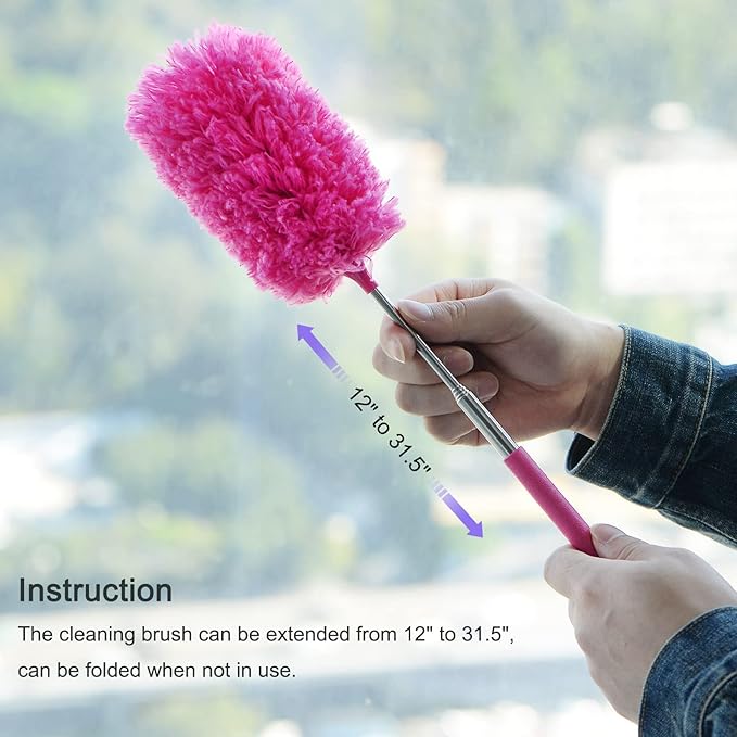 MECCANIXITY Microfiber Cleaning Duster, 12 to 31.5 Inch Washable Extendable Brush Flexible Feather Duster for Window Furniture, Rose Red