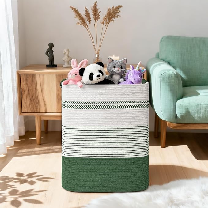 Laundry Hamper, 95L Tall Laundry Basket with Leather Handles, Rectangle Large Clothes Hamper for Organizing, Cotton Woven Laundry Baskets Storage Hampers for Bedroom, Nursery, Living Room