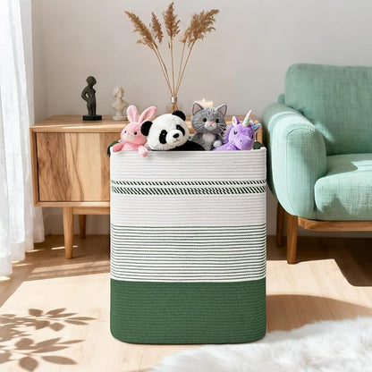 Laundry Hamper, 95L Tall Laundry Basket with Leather Handles, Rectangle Large Clothes Hamper for Organizing, Cotton Woven Laundry Baskets Storage Hampers for Bedroom, Nursery, Living Room