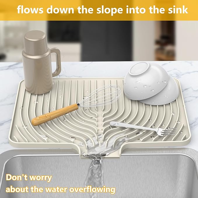 Silicone Drying Mat for Kitchen Counter , Dish Drying Rack Matt with Built in Drain, 18 Inch Dry Mats for Dishes Drying Pad for Kitchen Counter (18×12inch, cream)