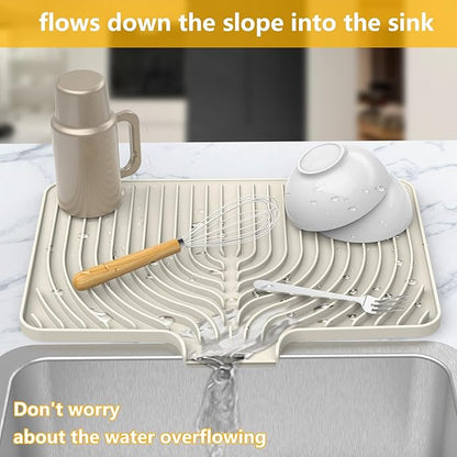 Silicone Drying Mat for Kitchen Counter , Dish Drying Rack Matt with Built in Drain, 18 Inch Dry Mats for Dishes Drying Pad for Kitchen Counter (18×12inch, cream)
