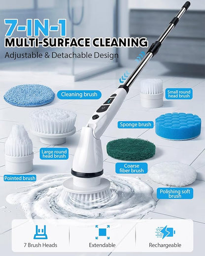 Electric Spin Scrubber, Shower Scrubber with Long Handle, 7 Brush Heads, 2-Speed Cordless Bathroom Cleaning Brush, 54in Extendable Electric Cleaning Brush for Tub, Floor, Kitchen & Barbecue Grill