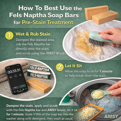 AMSY Stain Remover Cloths Laundry Bundle - Amsy Multifunctional Stain Remover Brush with Soap Dispenser Bundled with 2 Pack of Fels Naptha Laundry Soap 5 oz Each for Cloth Shoes Household Surfaces