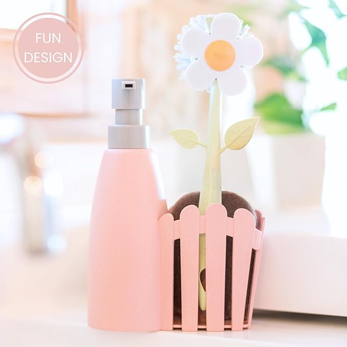 Vigar Florganic Kitchen Soap Dispenser Set, Dish Soap Dispenser with Sponge Caddy and Dish Brush, Daisy-Themed, Perfect Kitchen Sink Caddy, Pink
