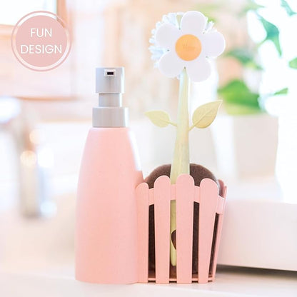 Vigar Florganic Kitchen Soap Dispenser Set, Dish Soap Dispenser with Sponge Caddy and Dish Brush, Daisy-Themed, Perfect Kitchen Sink Caddy, Pink