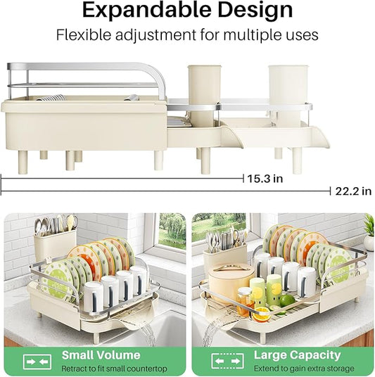 SAYZH Dish Drying Rack - Expandable Dish Rack for Kitchen Counter, Rust-Resistant Dish Drainer with Utensil Holder and Raised Guardrail, Kitchen Organizer for Cup and Bottle (Beige)