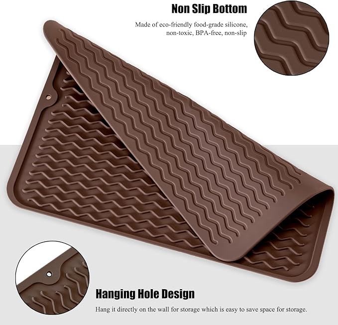 Large 14" x 11" Silicone Dish Drying Mat for Kitchen Counter, Easy clean, Quick Dry, Heat-resistant Dish Drainer Mat for Sink,Refrigerator or Drawer liner (Food Grade Silicone-Coffee)