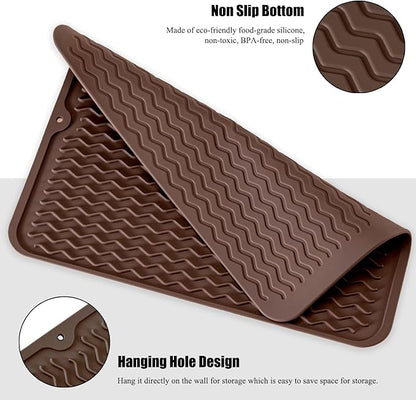 Large 14" x 11" Silicone Dish Drying Mat for Kitchen Counter, Easy clean, Quick Dry, Heat-resistant Dish Drainer Mat for Sink,Refrigerator or Drawer liner (Food Grade Silicone-Coffee)