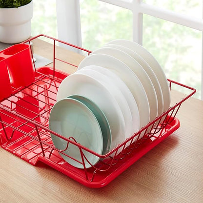 Space-Saving 3-Piece Dish Drainer Rack Set Efficient Kitchen Organizer for Quick Drying and Storage Includes Cutlery Holder and Drainboard Maximize Countertop Space, Bright Red