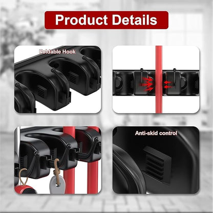 Broom Holder Wall Mount, Heavy Duty Mop Holder Wall Mount with Hooks & Slots, Garage Storage Wall Hanger for Shovel, Rake, Kitchen, Laundry & Shed