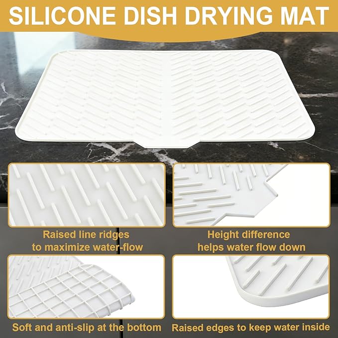 Silicone Dish Drying Mat 23x17 Multiple Usage,Easy clean,Eco-friendly,Heat-resistant Silicone Mat Dish Drying Mats For Kitchen Counter or Sink,Refrigerator or Drawer liner White 23inchx17inch
