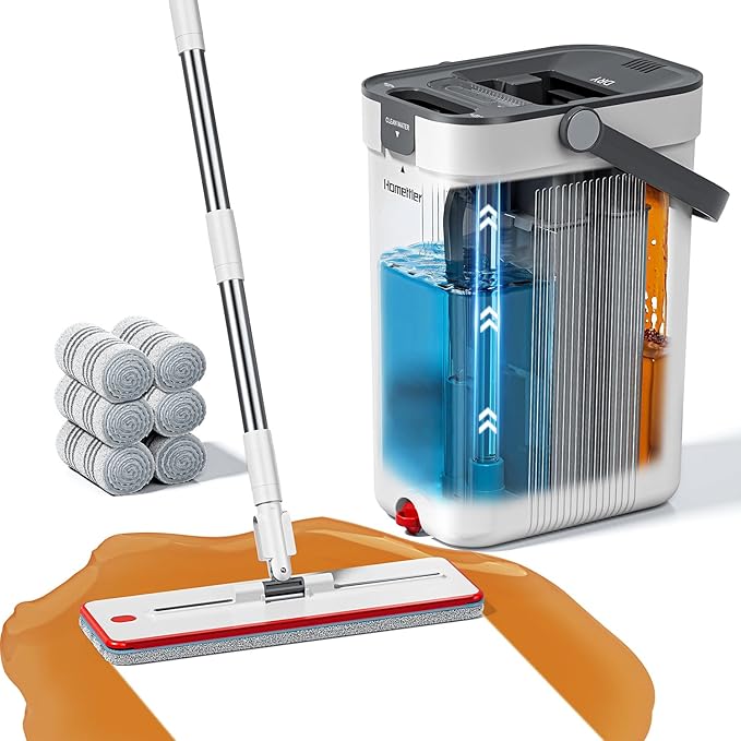 Mop and Bucket Set, 3-Tank Flat Mop and Bucket System for Separate Dirty & Clean Water, 65" Mops for Floor Cleaning with 6 Washable Pads, Safe for Hardwood, Vinyl, Tile, Baseboards, Walls