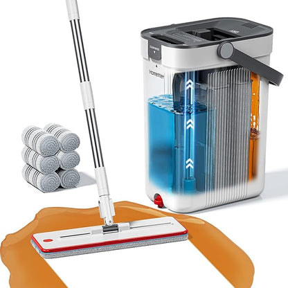 Mop and Bucket Set, Flat Mop and Bucket System with Separate Dirty and Clean Water, 3-Compartment Wall Cleaner Mop, Flat Mops for Floor Cleaning with 6 Microfiber Pads