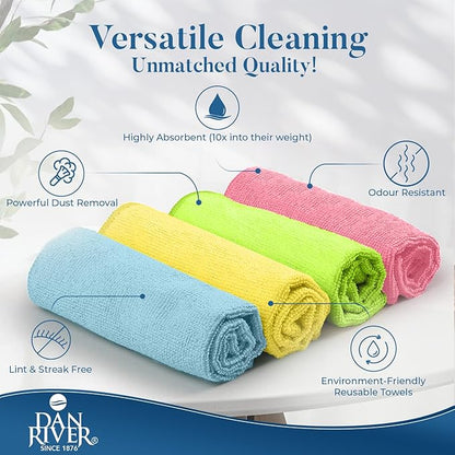 DAN RIVER 12-Pack Microfiber Towels – Ultra Absorbent, Lint-Free & Streak-Free dishwashing Rags for Home, Car & Kitchen - Must-Have Cleaning Essentials - 12" x 12" - Assorted