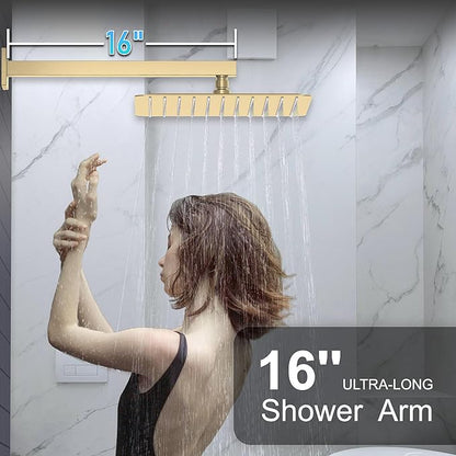 KOJOX Shower System Bathroom Luxury 10 Inch Rain Shower Head with Handheld Mixer Shower Combo Set Wall Mounted Shower Faucet Trim with Valve Brush Gold