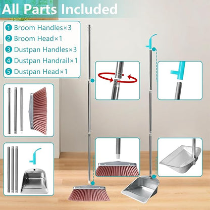 Stainless Steel Broom and Dustpan Set, 2-Piece, Long Handle Standing Design with Comb Teeth, Heavy Duty Windproof Upright for Home, Kitchen, Indoor Outdoor Use (Silver Teeth)