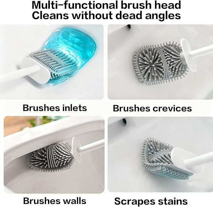 Silicone Toilet Brush Set with Corner Brush & Wall-Mounted Holder, No-Scratch Design with Drainage Holes, Adhesive Installation, White