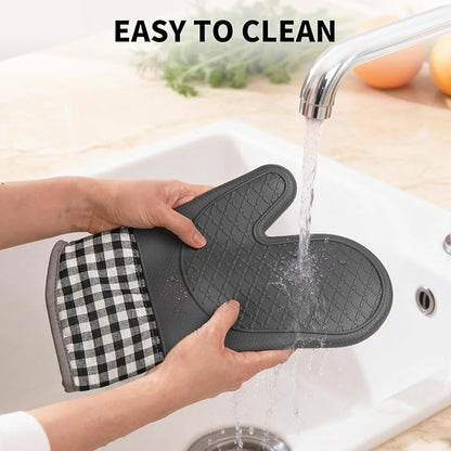 Tifanso Plaid Oven Mitts and Pot Holders 4-Piece Set, Oven Mitts Gloves Heat Resistant with Non-Slip Silicone Surface for Cooking Baking Grilling, Cotton Pot Holders Pads for Kitchen Cooking (Grey)