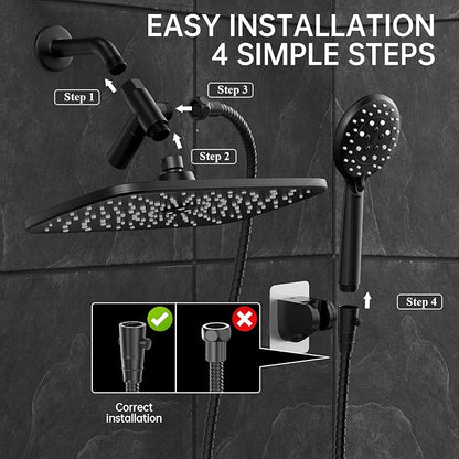 Veken 11.8 Inch Rectangle Rain Shower Head - Shower Heads with 6 Modes Handheld Spray Combo - Wide Rainfall shower with 70" Hose - 1.8gpm Dual Showerhead with Anti-Clog Nozzles - Matte Black