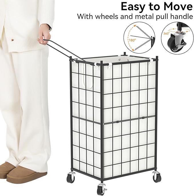 WOWLIVE Laundry Hamper with Wheels,Metal Wire Frame Rolling Laundry Basket with Removable bag,100L Dirty Clothes Hamper Organizer Dorm Room Storage for Bedroom,Bathroom,Black and White