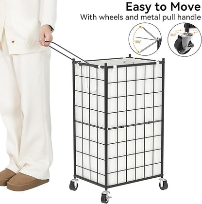 WOWLIVE Laundry Hamper with Wheels,Metal Wire Frame Rolling Laundry Basket with Removable bag,100L Dirty Clothes Hamper Organizer Dorm Room Storage for Bedroom,Bathroom,Black and White