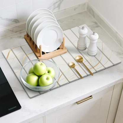 Large Stone Dish Drying Mat for Kitchen Counter, 2PCS Quick Dry Stone Dishes Mat,Foldable Water Absorbing Drying Organizer Pad for Plate Rack Bottles Utensils(Printed White Gold 24"×16" & 8"x4")