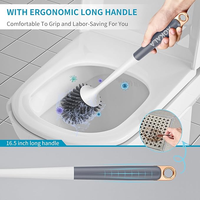 Silicone Toilet Brush and Holder Set, Toilet Bowl Brush with Tweezers Long Handle, Toilet Cleaner Brush for Bathroom Deep Cleaning, Elegant Toilet Scrubber Bathroom Accessories (Dark Gray)