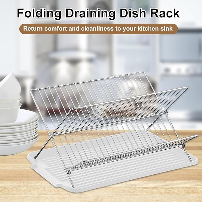 Foldable Dish Drainer, 2-Tier Stainless Steel Dish Drying Rack With Drip Tray and 5 Silicone Buckles, 13.3×10.6"Foldable Dish Drainer for Kitchen Sink, Countertop, Cutlery, Plates, and Dishes (White)