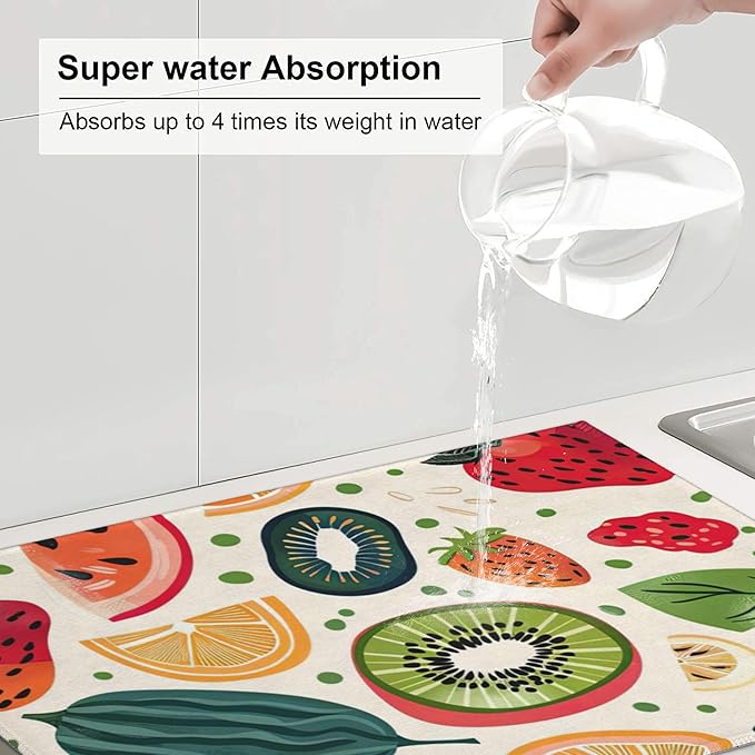 Fruits Painting Dish Drying Mats for Kitchen Counter, Absorbent Reversible Microfiber Dish Drying Pad, Multi-Use Large Drying Mat Coffee Bar Accessories 18"x24"