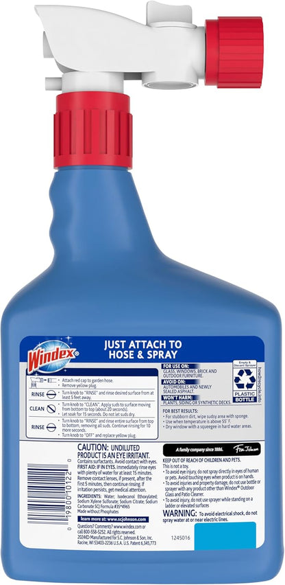 Windex Outdoor Window and Glass Cleaner for Hose Ammonia Free, Concentrated Formula for Deep Outdoor Clean, Patio Cleaner, Compatible With All Hoses, 32 Fl Oz (Pack of 8)