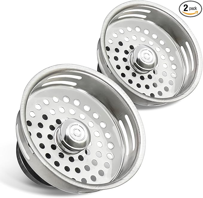HIGHCRAFT 9843-2 Stainless Steel Kitchen Sink Strainer Basket Replacement for Standard Drains (3-1/2 Inch) -Universal Style Rubber Stopper (Pack of 2)