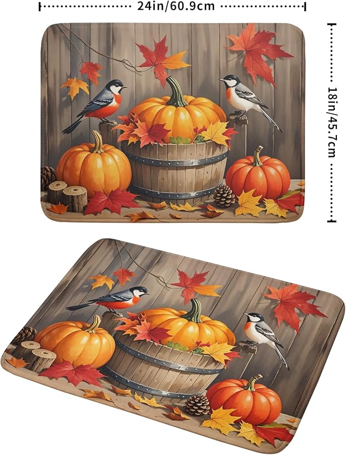Fall Thanksgiving Dish Drying Mat for Kitchen Counter 18x24 Pumpkin Birds Autumn Harvest Seasonal Theme Absorbent Reversible Microfiber Drying Mats Kitchen Countertop Protector Dishes Drainer Pad