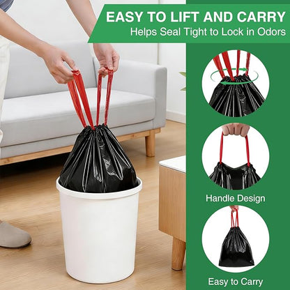 100 Counts 2.6 Gallon Trash Bag Drawstring Small Trash Bags, Thick Pre-separated Garbage Bags, Trash Bin Liners, Suitable for bathroom, kitchen, bedroom, office (Black)