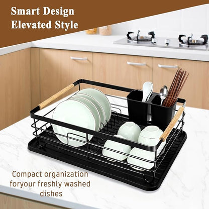 Dish Racks for Kitchen Counter, Thickened Metal Dish Drying Rack with Wooden Handles, Kitchen Countertop Organizer for Dishes, Spoons and Forks, No Assembly, Black, 16.7''*12.6''*5.12''