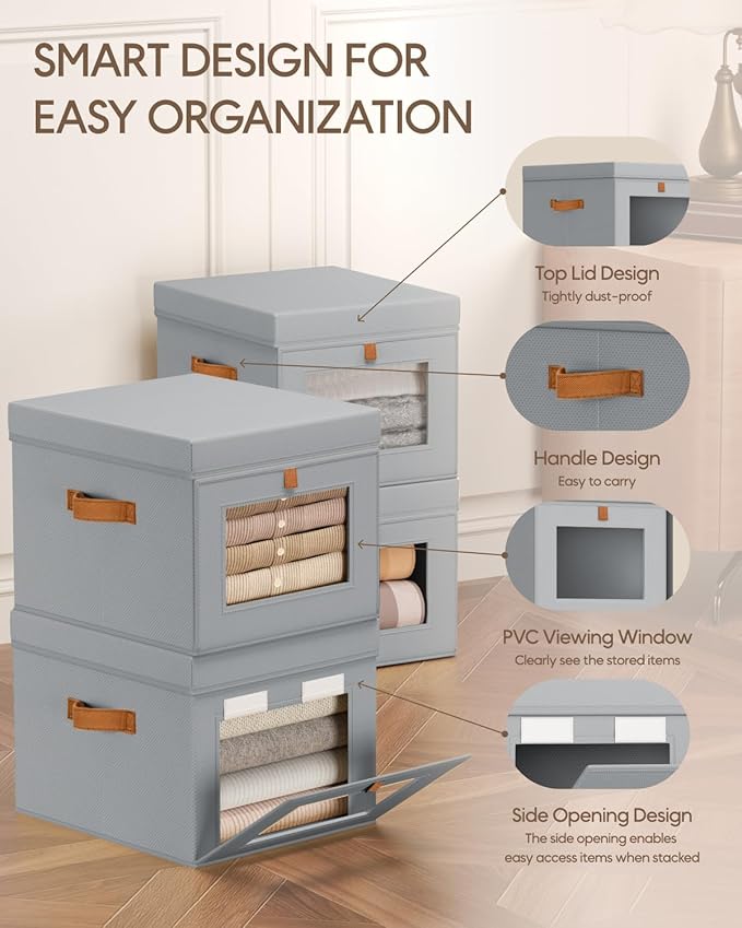 Storage Bins with Lid – Closet Organizer with Side Opening and Clear Window, Foldable Stackable Fabric Basket for Clothes, Home, Office - 13.77" x 11.8" x 9.8", 3 Pack, Grey